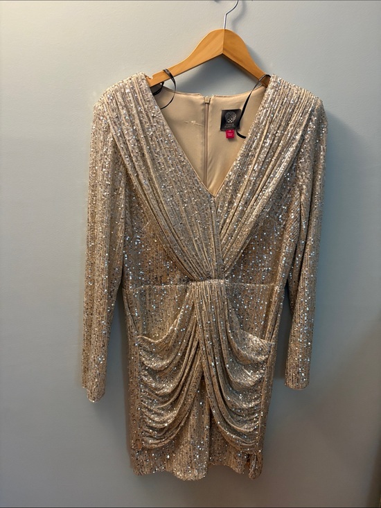 Vince Camuto Dresses & Skirts - Vince Camuto Champagne Sequin Long Sleeve Draped V-Neck Dress